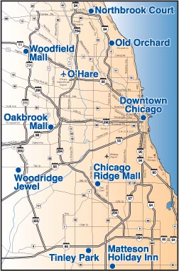 Map showing Suburban Expres stops in Chicago area