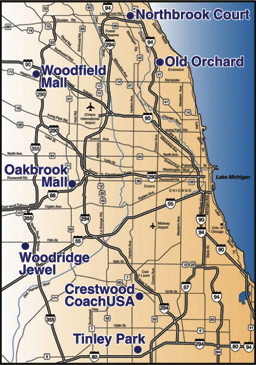 Map showing Suburban Expres stops in Chicago area